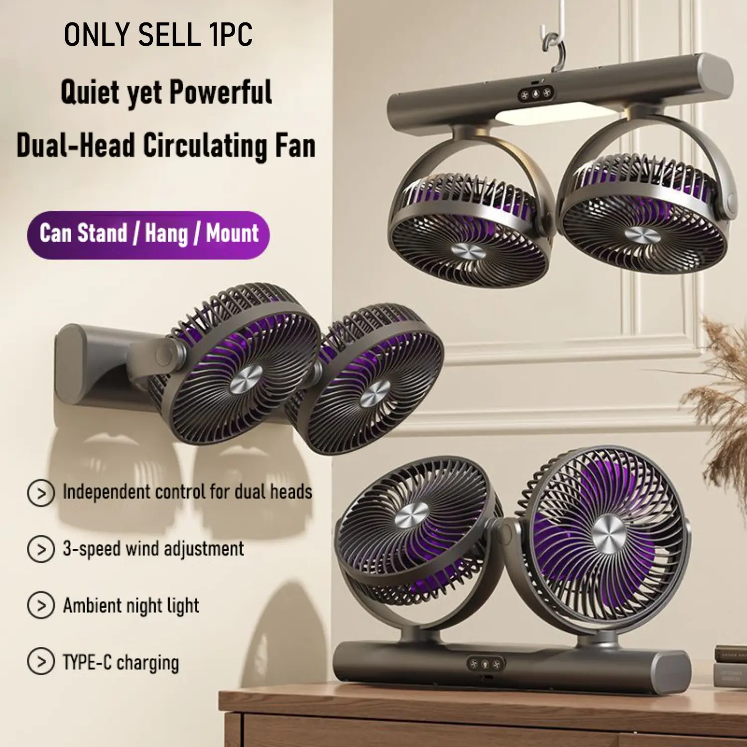 Dual Head Air Circulator Fan, 3 Speeds, Night Light, Type-C Rechargeable, Portable Adjustable Freestanding / Hanging / Wall-Mounted Cooling Fan, Low Noise