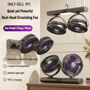 Dual Head Quiet Circulating Fan | 3 Speeds, Night Light, Type-C | Stand/Hang/Hook Rechargeable Cooling Fan Silent Adjustable Fan