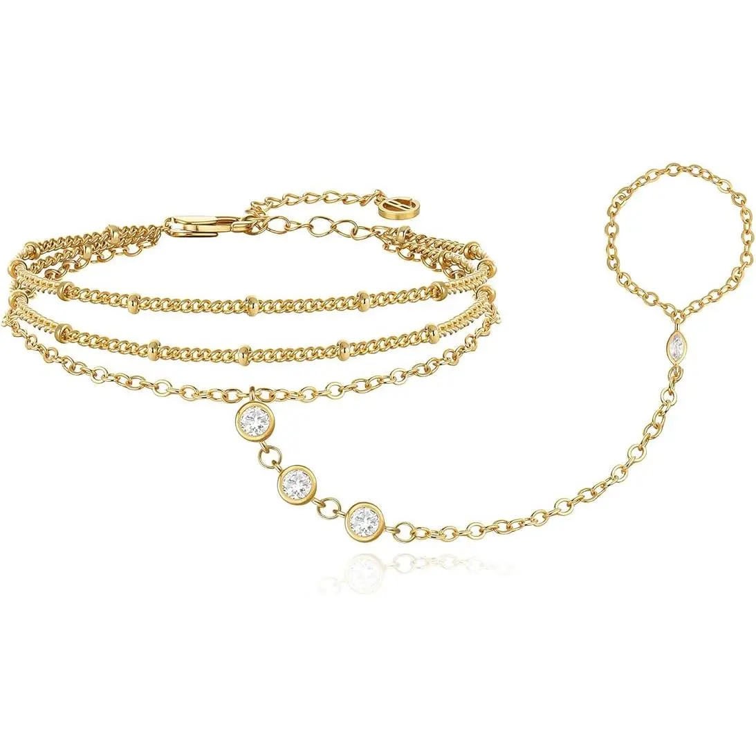 Cicy Bell 18K Gold Plated Hand Chain Bracelet for Women Layered Stackable Dainty Ring Adjustable Satellite Bead Dot Link Trendy Jewelry Gift