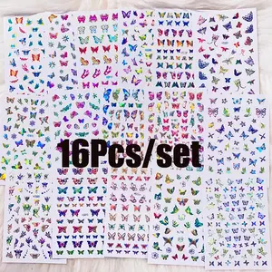 16/12/10/8/6Pcs Laser Butterfly Nail Stickers 8*10cm Colorful Butterfly Transfer Decals Self-adshesive HOLO Butterfly Sliders &*