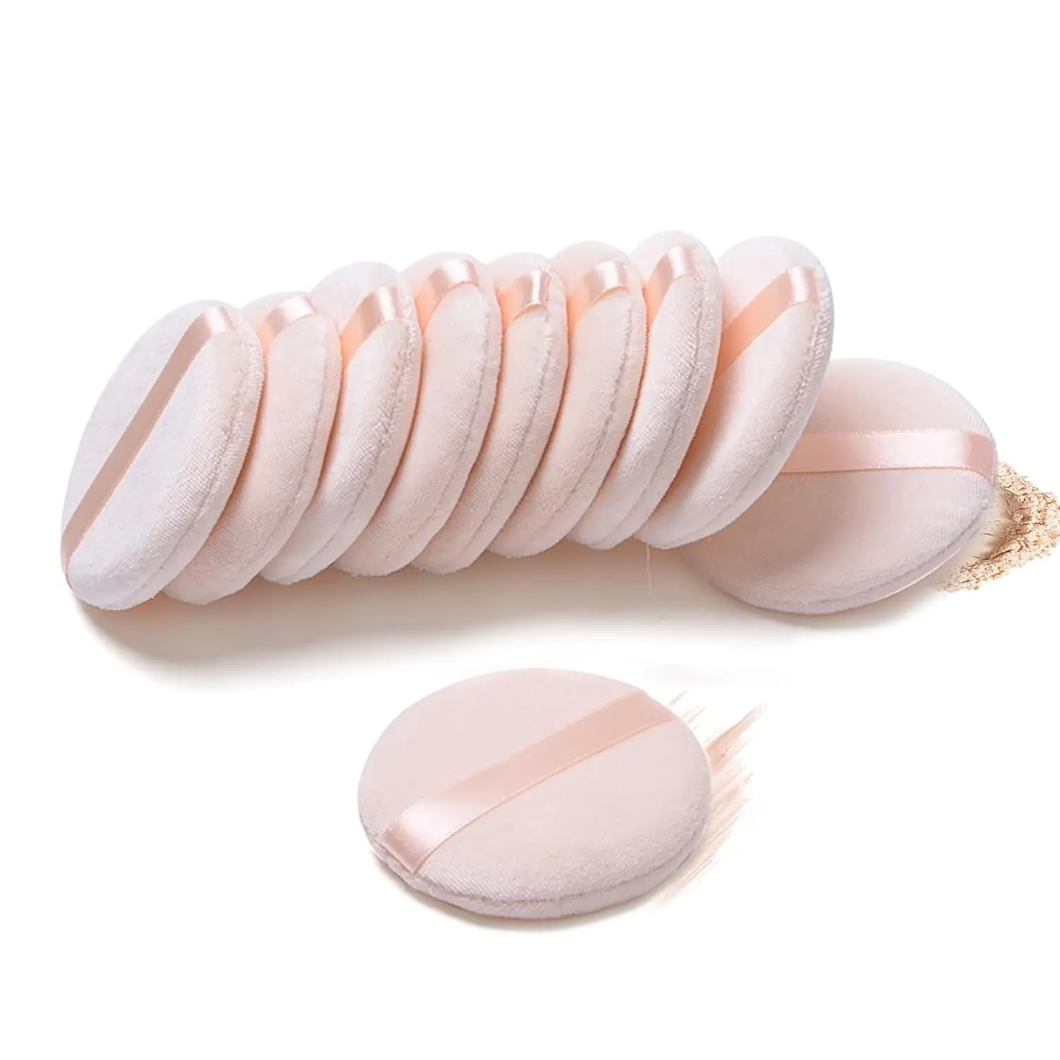10 Pieces Pure Cotton Powder Puff with Strap, Normal Size 3.15-inch for Loose Powder, Body Powder, Wet Dry Makeup Tool Cosmetic