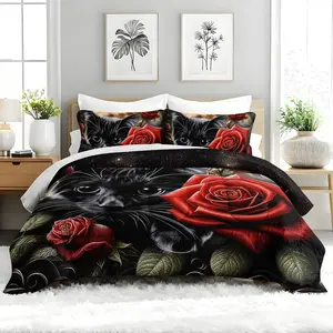 3pcs Black Cat Comforter Set,  Romantic Floral Themed Duvet Set for Girls and Adults Bedroom or Guest Room Decor, Lightweight Soft All Seasons Comforter Machine Washable Microfiber Quilt with 2 Pillowcases, Gifts for the Family