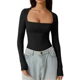 QINSEN Women's Sexy Square Neck Shirt Long Sleeve Double Lined Tees Fitted Going Out Tops