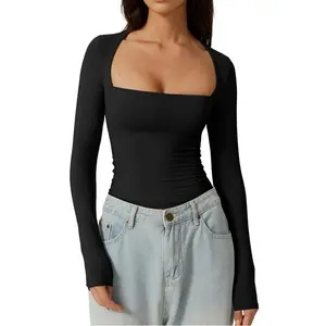QINSEN Women's Sexy Square Neck Shirt Long Sleeve Double Lined Tees Fitted Going Out Tops