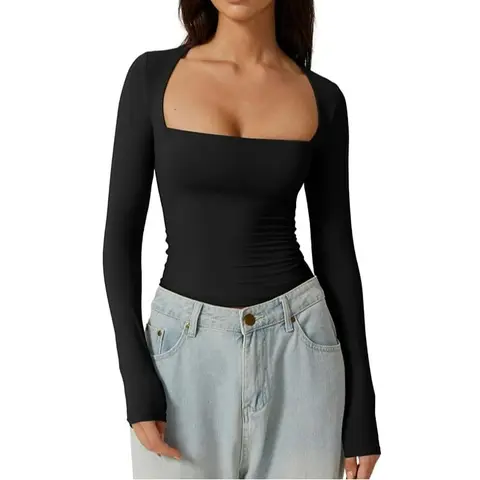 QINSEN Women's Sexy Square Neck Shirt Long Sleeve Double Lined Tees Fitted Going Out Tops