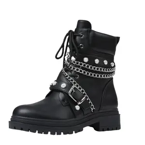 Women‘s Combat Boots Fashion Chain Studded Boots Lace up Military Boots Pearl Motorcycle Ankle Booties with Side Zipper