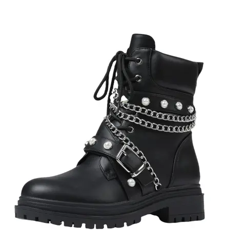 AMINUGAL Women's Lightweight PU Leather Stud Combat Boots - Lace-Up Round Toe Military Ankle Booties with Chain, Pearls, Side Zipper, Rubber All-Weather Grip, All-Seasons Shoes for Women