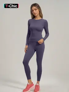 Women's Long Sleeve Sports Set, High Waist Leggings & Slim Fit Top, Ideal for Yoga, Exercise, Fitness, Comfortable Activewear, Yoga Gym Outfits, Workout Sportswear, Workout Sets, High Waisted Athletic