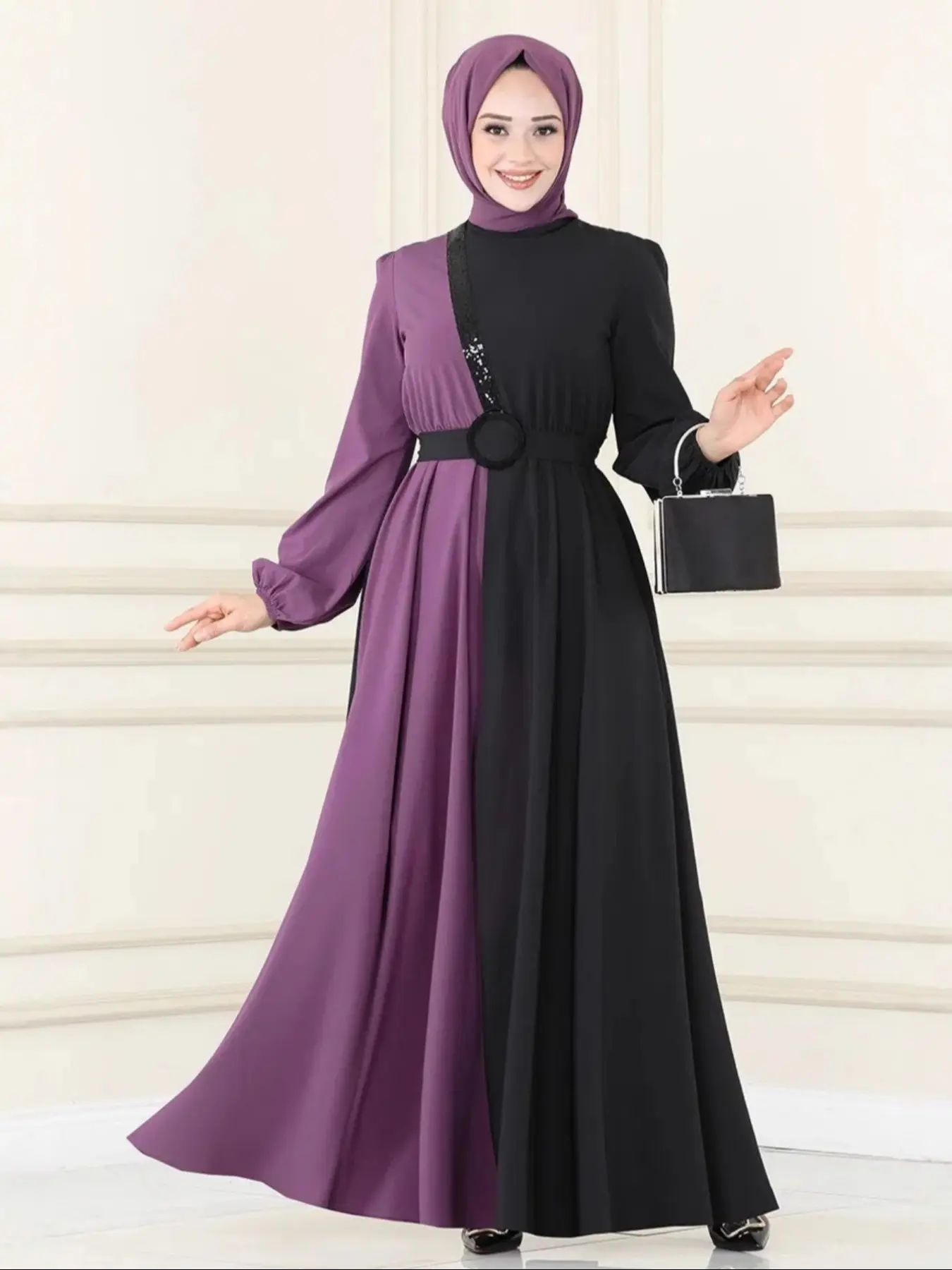 Colorblock Long Sleeve Dress for Women, Casual Round Neck Loose-Fitting Fashion, All Seasons Stylish, Modesty Wear, Modest Style Dress, Islamic Modesty Clothes, Modest Muslim Outfits