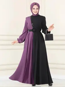 Elegant Colorblock Long Sleeve Dress for Women, Casual Round Neck Loose-Fitting Fashion, All Seasons Stylish, Modest Style Dress