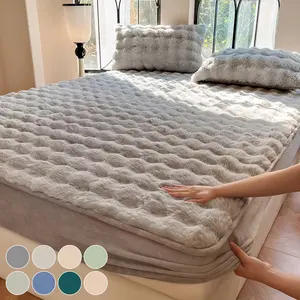 Luxury Faux Rabbit Fur Fitted Sheet Set, Ultra Soft Warm Solid Color Bedding, 3-Piece Bed Sheet Set with 1 Fitted Sheet & 1/2 Pillowcases, All Season Cozy Bedroom Dorm Sofa Décor, Perfect Christmas Gift, Bedding Accessories