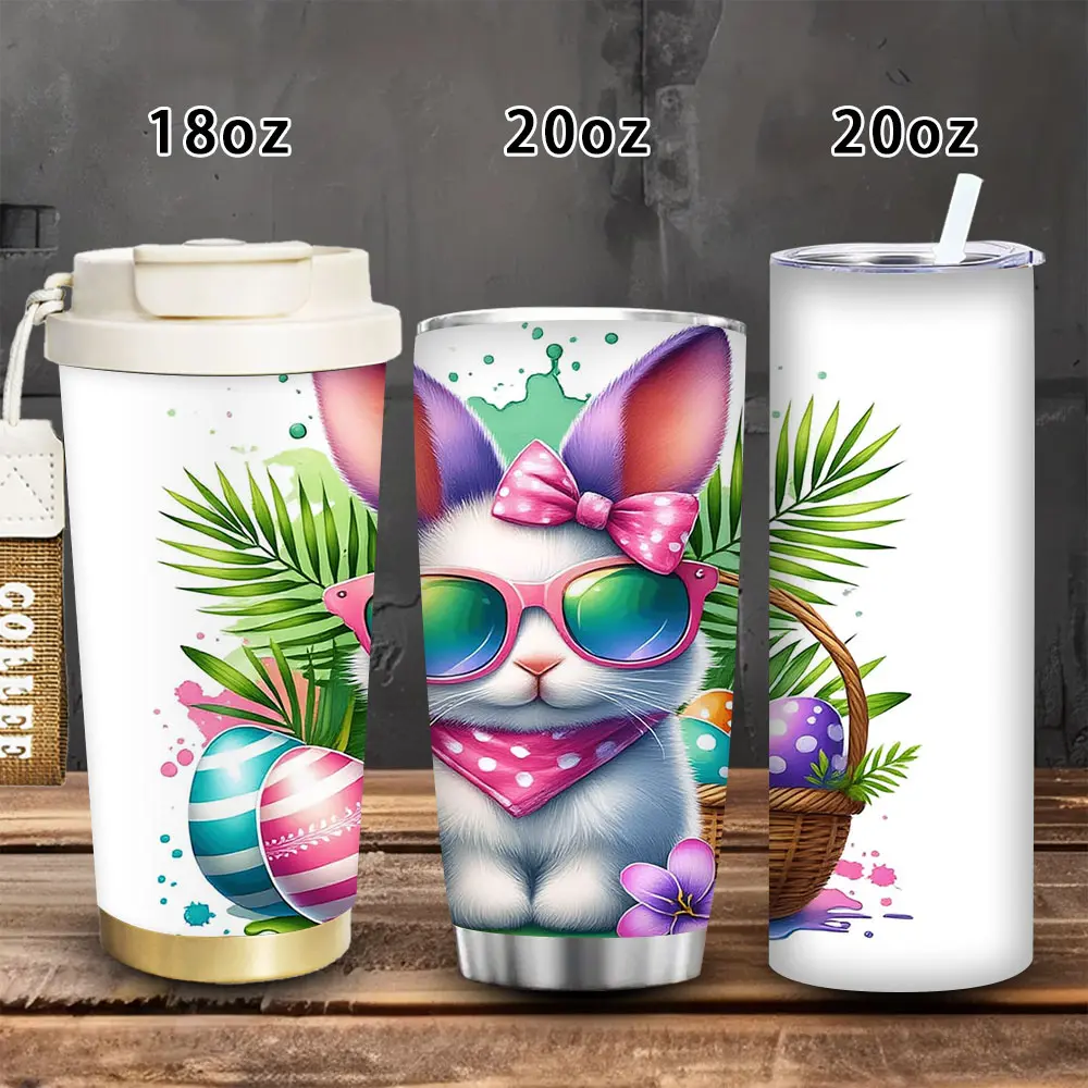 1 Pc Portable 18 oz/20 oz Colorful Easter Bunny Tumbler with Sunglasses, Eggs, Lid & Straw - Winter Insulated Travel Vacuum Flask - Women's Gift - Ideal for Easter, Birthdays - Suitable for Iced/Hot Coffee, Flasks