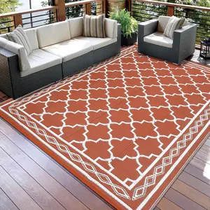 8x10 Outdoor Rug, Waterproof Reversible Patio Carpet, Moroccan Print Camping Rug, Geometric RV Mat for Deck, Balcony, Picnic & Beach, Orange