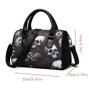 Skull Flower Pattern Handbag, gothic Boston Shoulder Bag, Halloween Women's Crossbody Bag