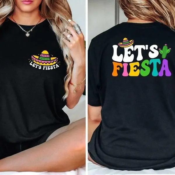 Men's Fitted Short-Sleeve Cotton T-Shirt, Let's Fiesta Cinco de Mayo Mexican Top, Casual Everyday Wear, Unique Gift Idea, Shortsleeve, Piece, Streetwear, Jeans, 100% Cotton, Machine Wash, Simple, Mexican Print, Casual Tee