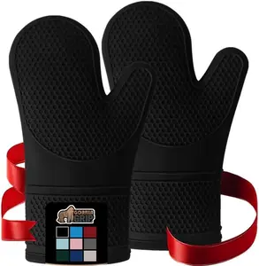 Gorilla Grip Silicone Mitts, Heat and Slip Resistant, Thick Cotton Lined Cooking Mitt Set, 12.5" Black - Bakeware