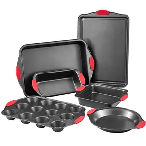 VEVOR Baking Pans Set, 6-Piece, Nonstick Carbon Steel Cookware Sheets & Trays, Stackable Kitchen Oven Bakeware Cooking Sets with Silicone Handles, Easy to Clean, for Baking Cookie Cake Muffin Bread