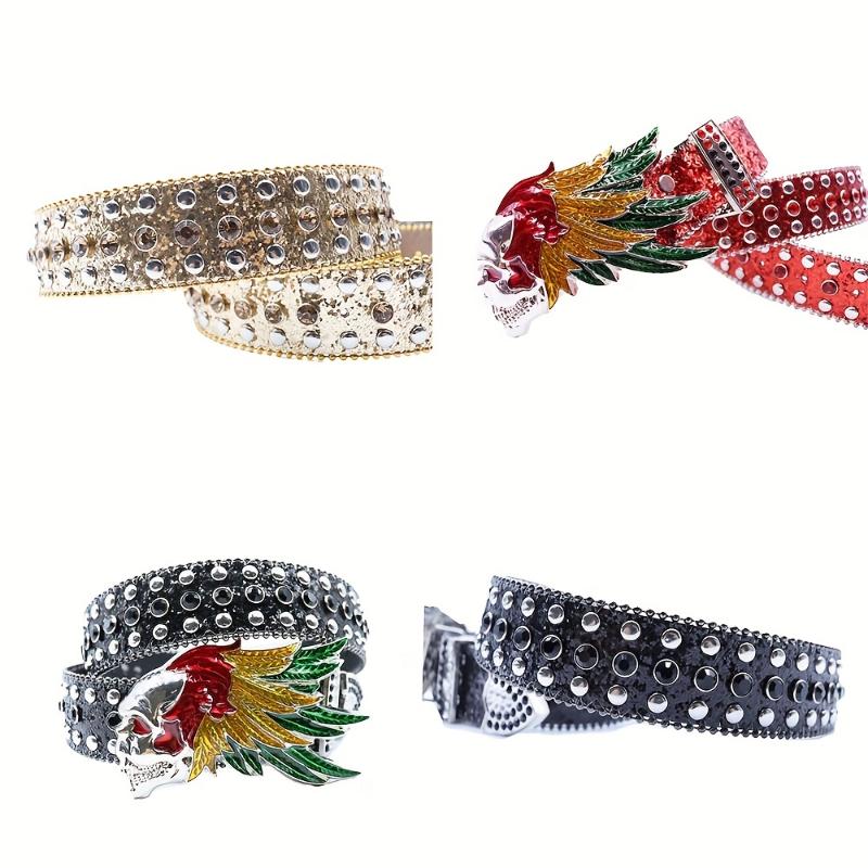 jewelry Rhinestone Black Belt Men Faux Leather Faux Leather PU Black Cross Skull Buckle Revits Belt, Unisex Western Music Festival Embellished Faux Glitter Print Belt With Rhinestone And Rivet, Music Festival Party Wear