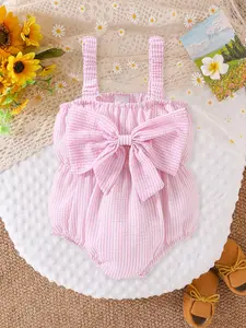 Baby Girl Cute Casual Striped Bow Triangle Onesie, Baby Clothes Girl, Fitted Plain Style, Spring & Fall, No Ca Prop 65