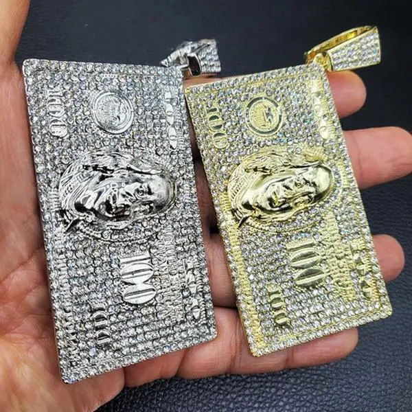 MaxBling81 High Polish $100 Bill-Inspired Bling Gold-Silver Pendant - Bold Statement Hip-Hop Style Unisex Iced Charm, Benjamin Franklin Design Metal Coating Jewelry, Everyday Accessory (45x80mm)