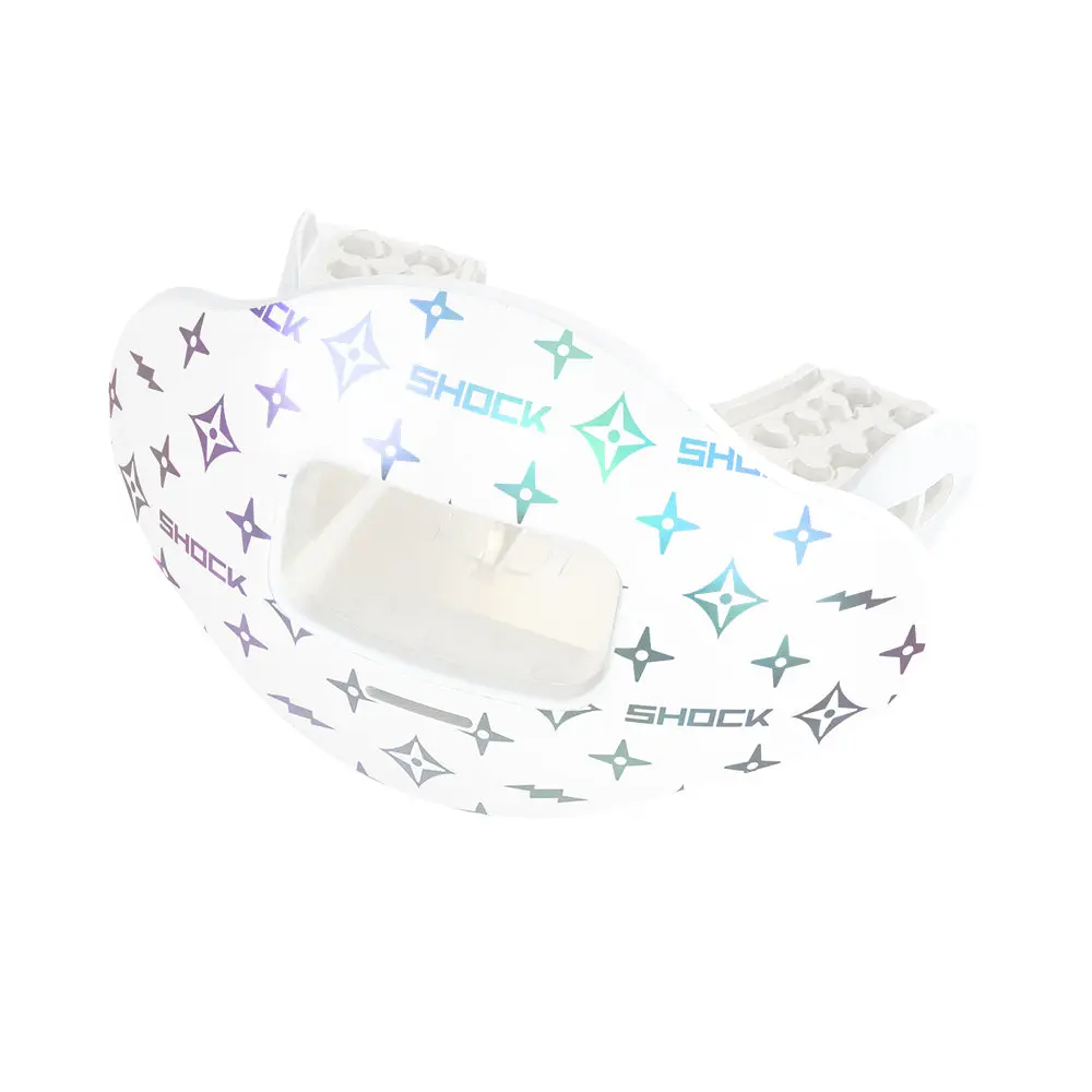 Shock Doctor White Iridescent Lux Max AirFlow Football Mouthguard with Extra Large Breathing Channel for Enhanced Comfort and Protection