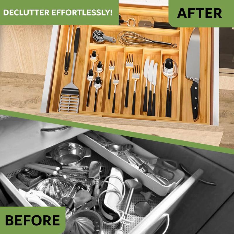 Expandable Bamboo Drawer Organizer With Dividers, Adjustable Storage Box For Kitchen Utensils, Cutlery, Knives, And Stationery, 17.5" x 13" x 2"