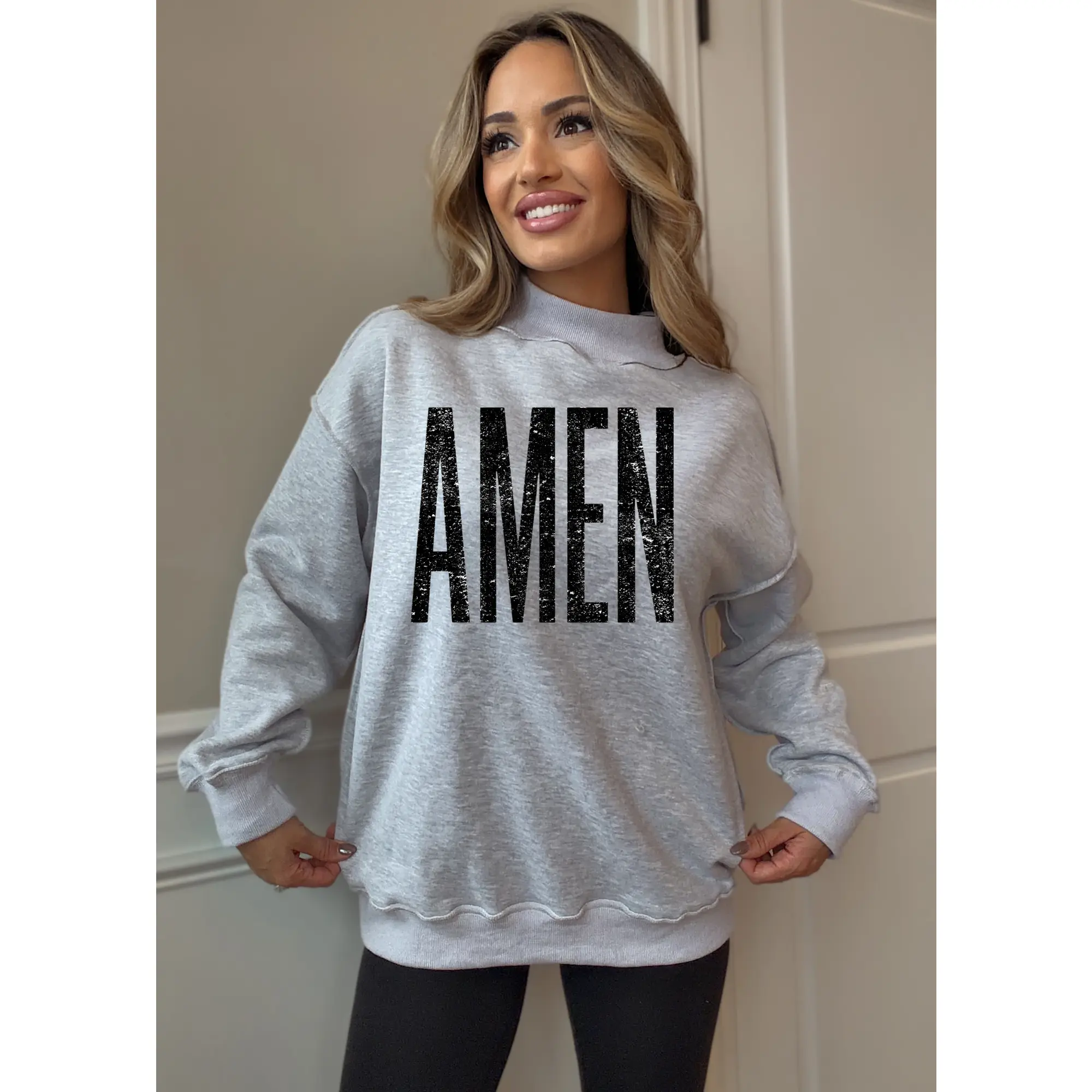 Women's AMEN Tilly Grey Reversible Oversized Mock Neck Long Sleeve Sweatshirt, Chic Denim Fabric, Everyday Wear, Sweatshirts, Comfortable