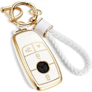 for Mercedes Key Fob Cover with Metal Braided Rope Keychain, Upgraded Soft Case for Benz GLC GLE GLA GLB GLS AMG A G Class (4 Buttons) Shell (Gold Edge, B2)