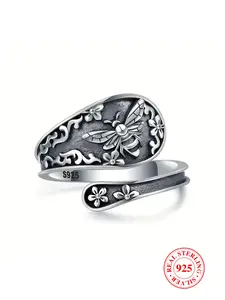 925 Sterling Silver Vintage Bee Design Cuff Ring, 2024 New Style Adjustable Ring for Women & Men, Fashion Jewelry Accessories for Daily Wear