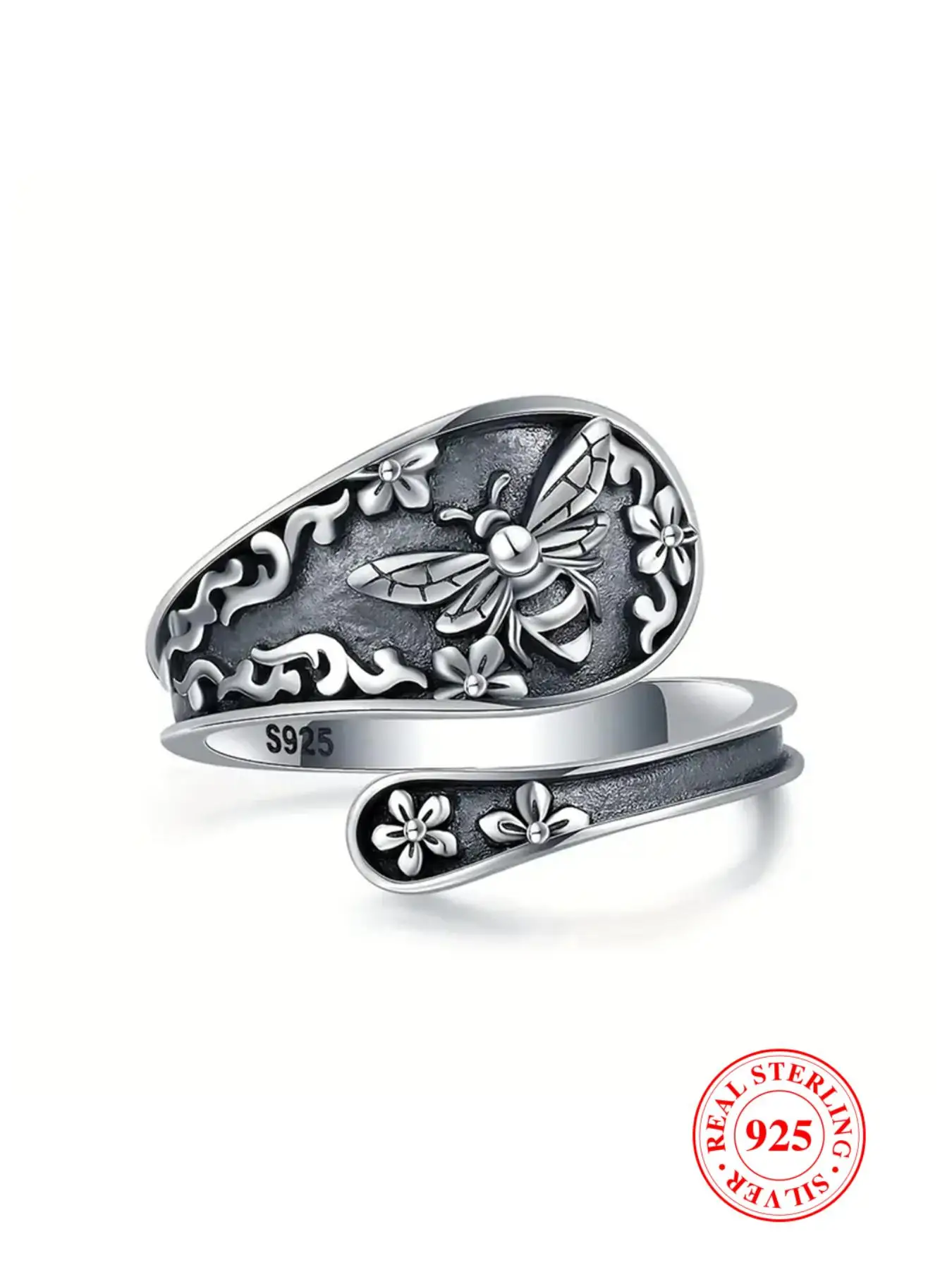 925 Sterling Silver Vintage Bee Design Cuff Ring, 2024 New Style Adjustable Ring for Women & Men, Fashion Jewelry Accessories for Daily Wear