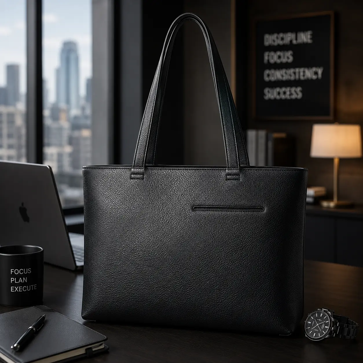 Men’s Black Leather Tote Bag for Work, Large Capacity Laptop Business Shoulder Bag with Zipper for Office & Travel