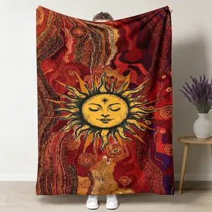 Boho Sun Throw Blanket, Tribal Smiling Face Flannel Blanket, Soft Cozy Warm Throw, Warm Red Orange Earthy Dot Wave Design, Spiritual Meditation Yoga Gift for Her, Mystical Hippie Decor for Bedroom Living Room Couch