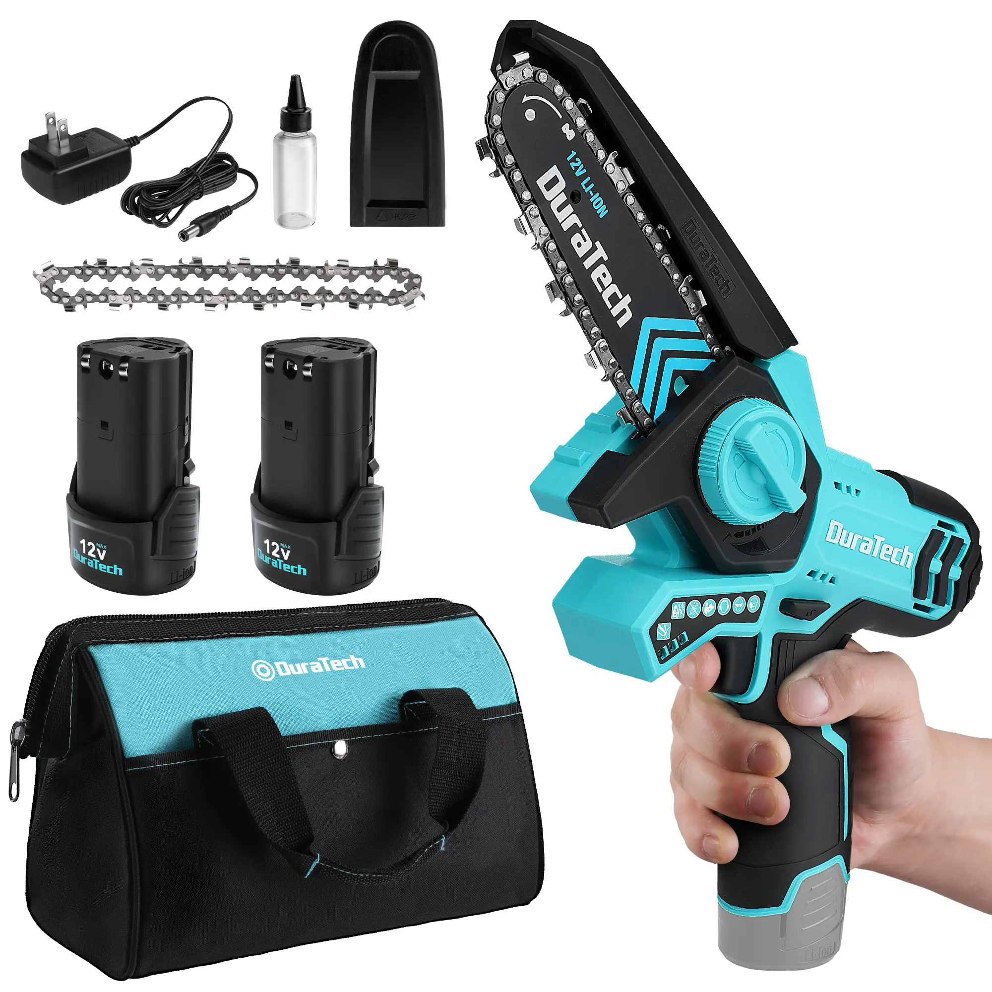 #summersale DURATECH 12V Mini Chainsaw, 6 Inch Electric Cordless Chainsaw with 2 Batteries & 2 Chains, One-Hand Operated Portable Wood Saw for Garden Tree Branch Pruning, Wood Cutting