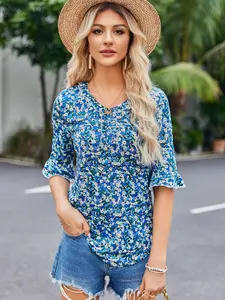 Women’s 3/4 Bell Sleeve V-Neck Top – Flowy Ruffle Knit Shirt for Summer