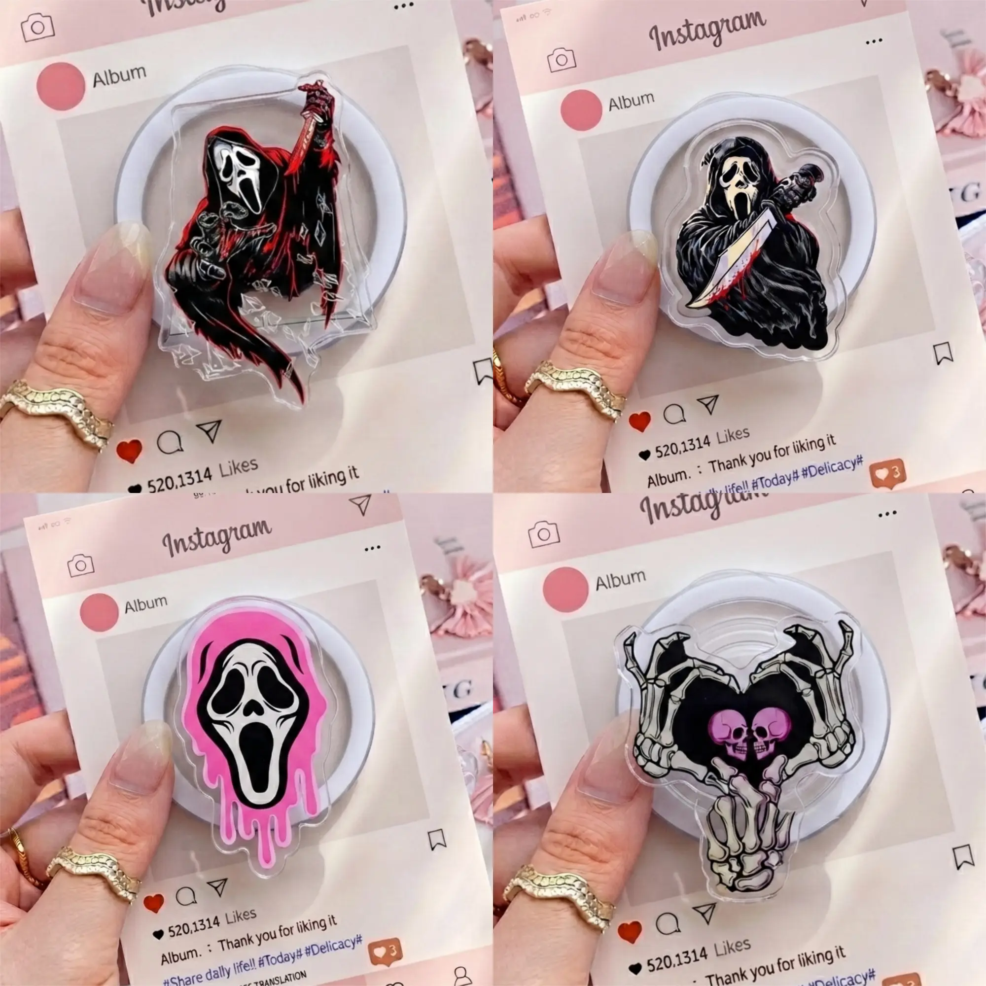 Horror Inspired Acrylic Phone Grip Stand, Aesthetic Ghostface and Skeleton Collapsible Holder