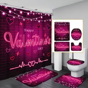 1/4pc Black and Pink Heart-Shaped Valentine's Day Shower Curtain Set, includes non-slip mat, U-shaped rug, and toilet seat cover. Perfect for bathroom decoration, partitioning. Comes with 12 shower curtain hooks, Bathroom Decoration Accessories