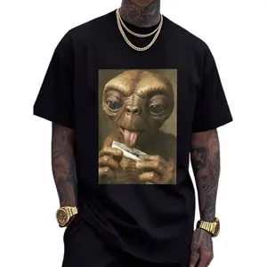 Manfinity Dauomo Men's Printed T-Shirt - Black Short Sleeved Round Neck T-Shirt With "Alien" Pattern, Featuring Fun Mona Lisa Muscle Design, Loose And Comfortable Fit Suitable For All Seasons, Fun T-Shirt