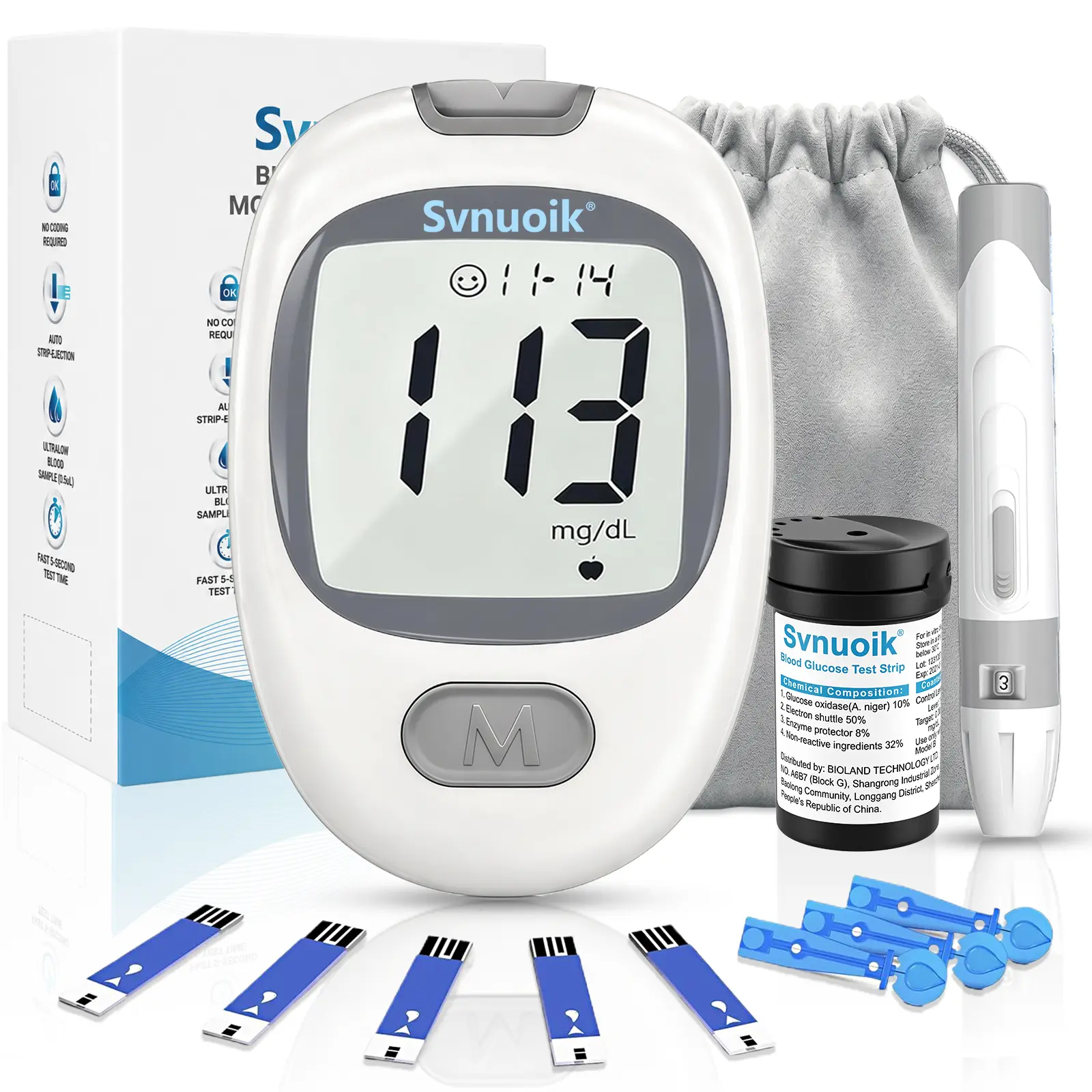 Summer Sale No Coding Blood Glucose Monitor Kit - 50 Test Strips, Lancets, Lancing Device, Travel Case - 5s Fast Results for Diabetes Testing (Medical Health Monitor Supply)