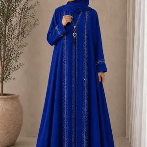 Women's Islamic Double Front Abaya - Rhinestone Embellished, Modest Muslim Outfits, Muslim Fashion, Elegant Traditional Abayas with Chiffon Scarf for Formal Events, Versatile Styling
