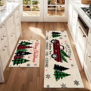 2 Pcs Kitchen Rug Truck Christmas Tree Printed Rug Set Farm Kitchen Carpet Dining Room Floor Laundry Room Decorative Carpet Pad Farmhouse Kitchen Rugs