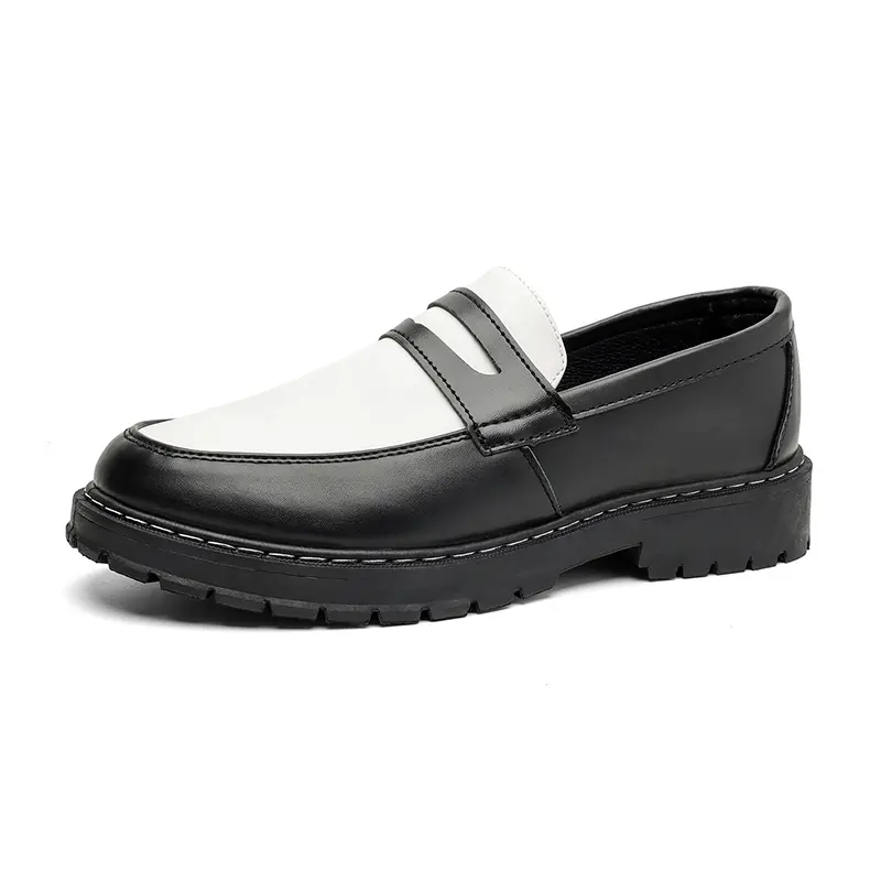 Black & White Color Block Chunky Loafers for Men Slip On Platform Lug Sole Leather Preppy Casual Dress Walking Shoes