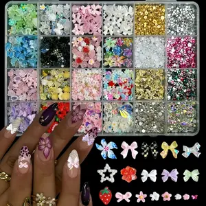 24-Piece Nail Art Kit, Resin Flowers, Bowknots, Pearls, Rhinestones, 3D Nail Decorations, DIY Manicure, Party, Wedding, Daily Wear