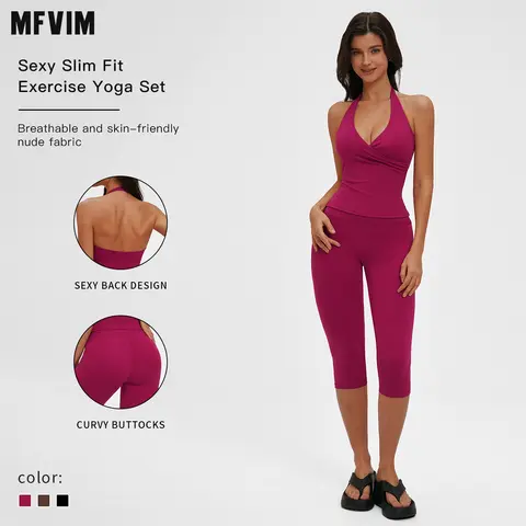 MFVIM Women's 2-Piece Halter Slim-Fit Tank Top & High-Waisted Sportswear Shorts Athletic Set, Gym Workout Apparel for Outdoor Running & Sports Jogging