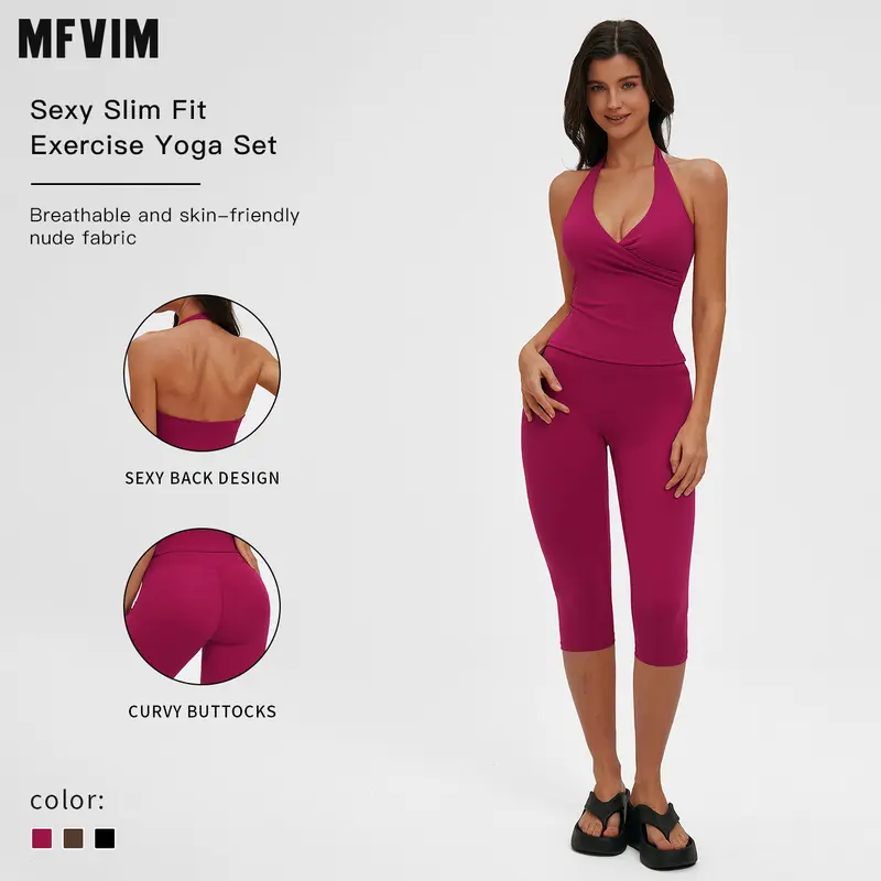 MFVIM Women's 2-Piece Halter Slim-Fit Tank Top & High-Waisted Sportswear Shorts Athletic Set, Gym Workout Apparel for Outdoor Running & Sports Jogging