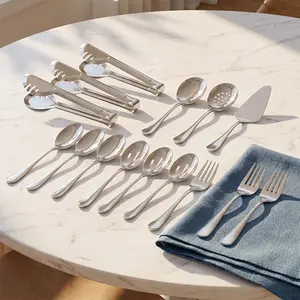 15pcs/Set - Serving Utensils, Stainless Steel Large Flatware Serving Tools Kit, Included Spoons, Forks, Tongs, Slotted Spoon, Ladle, Cake Server for Kitchen Catering Banquet Wedding Buffet Party,