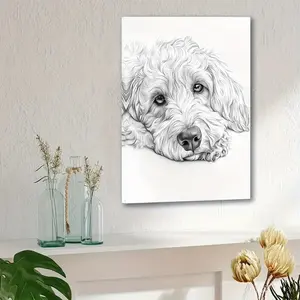 [2D Flat]1pc Cute Golden Retriever Poodle Sketch HD Canvas Decorative Painting 11.8* 15.7inch (30* 40cm ) with Wooden Framing - Modern Minimalist Black and White Dog Home Decor, Can Be Directly Hung in Living Room, Bedroom