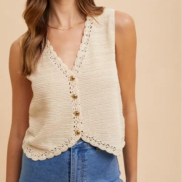 Romy Crochet Button Down Sweater Vest-Oatmeal