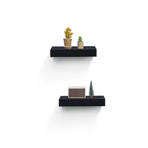 2-Set Modern Black MDF Floating Wall-Mounted Picture Ledge Shelves, 14.96in Lightweight, 12lbs Load Capacity, Easy Installation for Kitchen, Living Room Storage & Home Decor