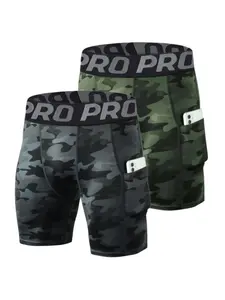 Men's Sporty Compression Shorts Set, Tight Fit Polyester Boxing Underwear, Running Basketball Sports Bottoms with Pockets