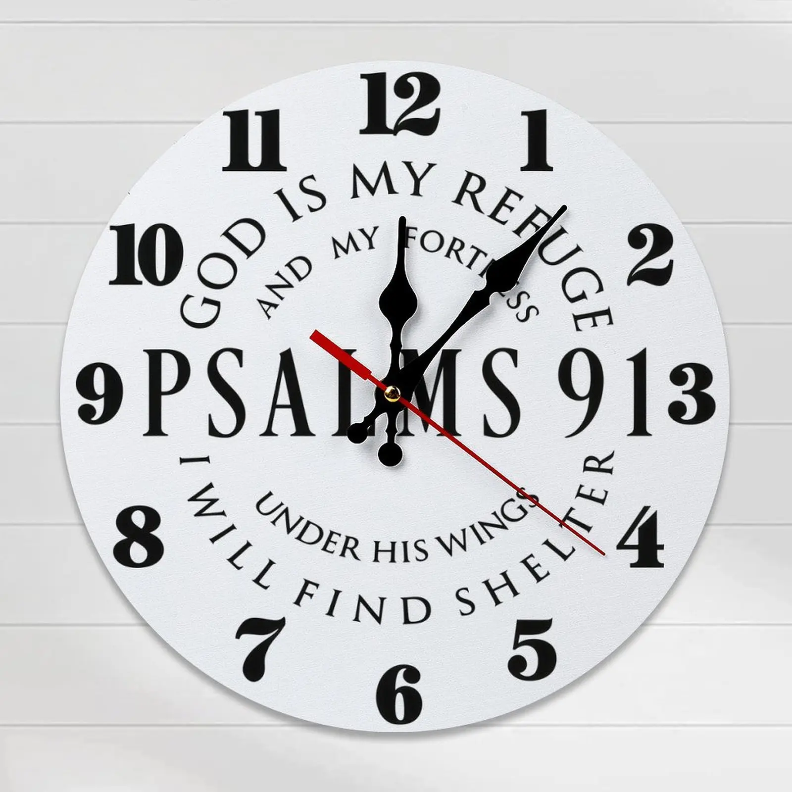 10-Inch Round Classic Wooden Battery-Operated Silent Non-Ticking Wall Clock, Psalm 91 "God Is My Refuge" Christian Scripture Decor, Faith-Based Room Decor with Required Installation & DIY Assembly
